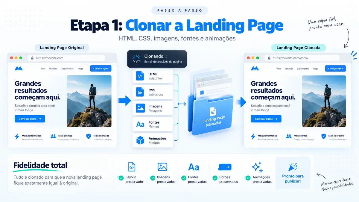 Etapa 1 do processo para clonar uma landing page preservando HTML, CSS, imagens, fontes e animações