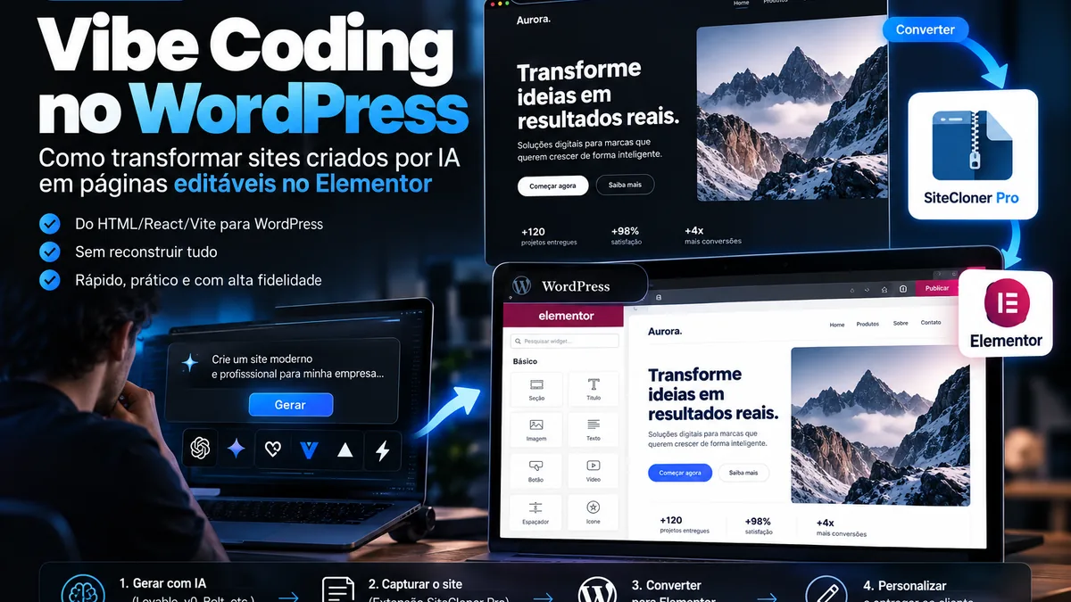 Fluxo de vibe coding da criação com IA até WordPress e Elementor editável
