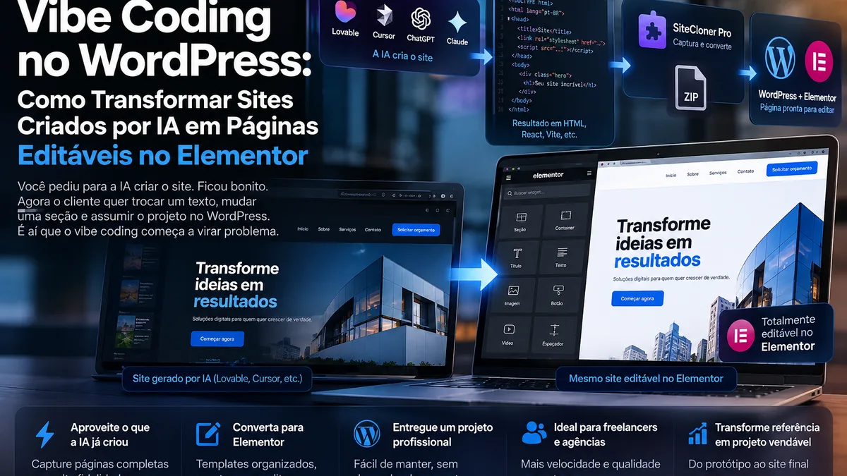 Comparação entre um site criado por IA e a mesma página editável no Elementor