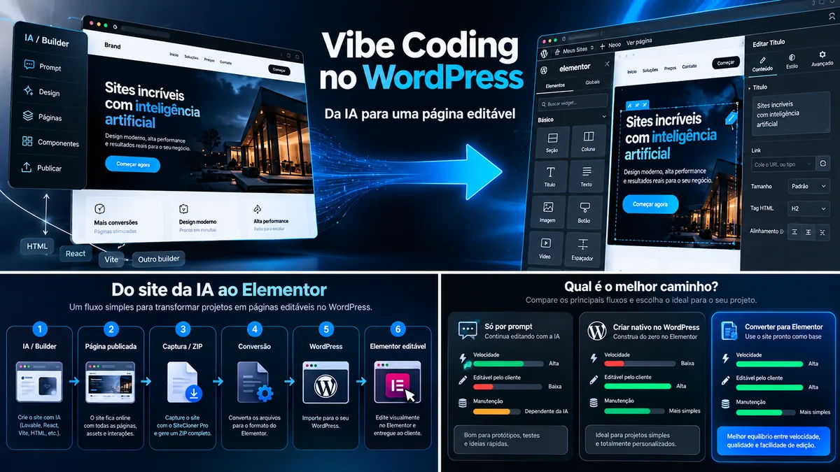 Leia mais sobre o artigo Vibe Coding no WordPress: Como Transformar Sites de IA em Páginas Editáveis no Elementor