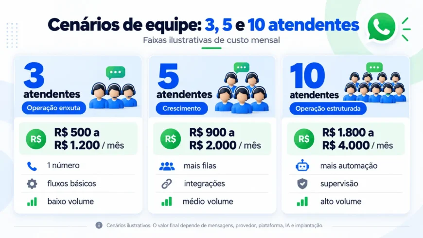 Infográfico comparando três, cinco e dez atendentes, com faixas ilustrativas de custos mensais