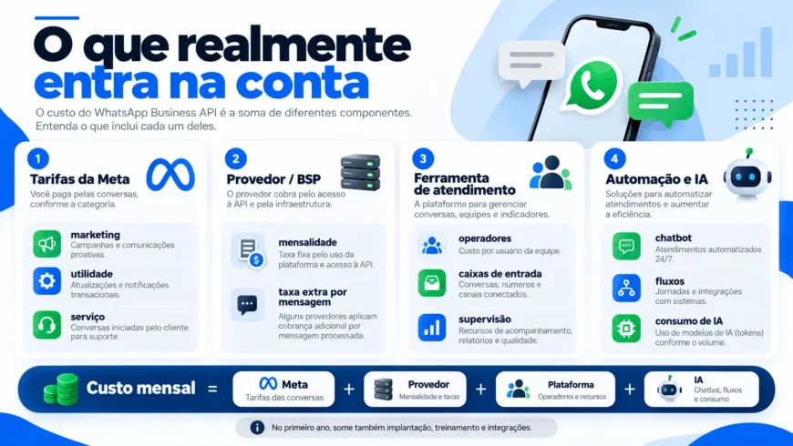 Infográfico com tarifas da Meta, provedor de API, plataforma de multiatendimento e automação com IA