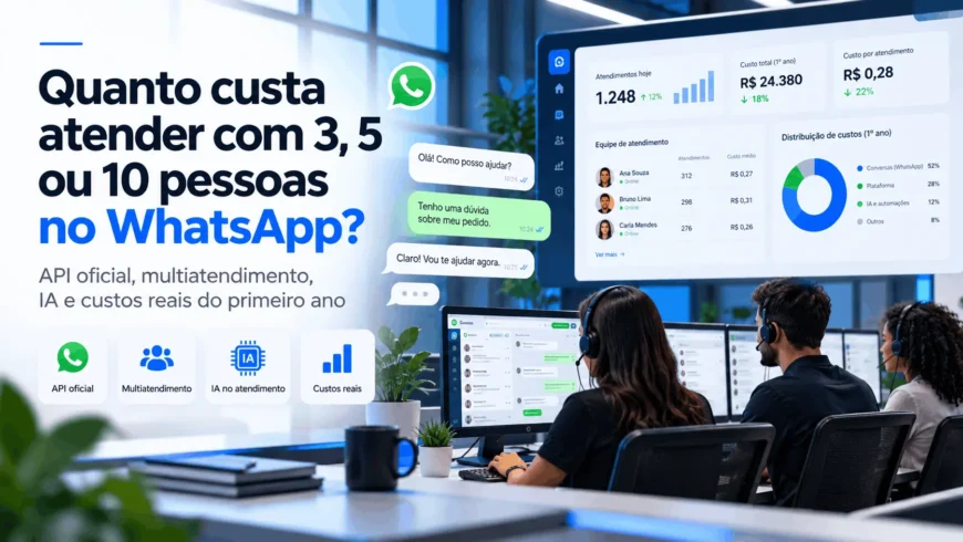 Capa do guia de custos de multiatendimento WhatsApp para três, cinco ou dez pessoas, com equipe de suporte e painel de atendimento