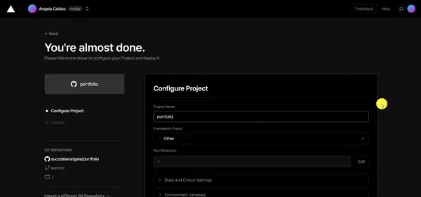 Configuração do projeto e botão Deploy na Vercel