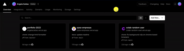 Painel da Vercel com opção Add New para publicar projeto
